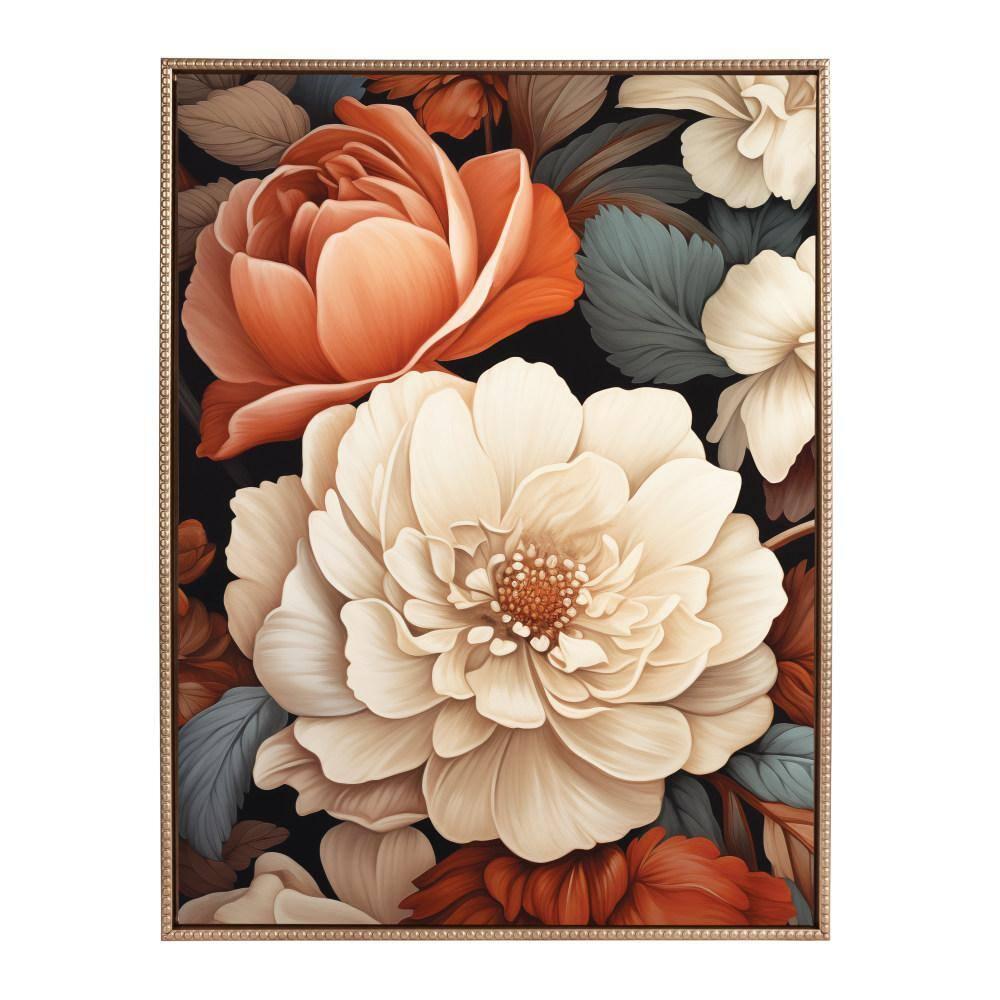 Romantic Ivory and Peach Floral Canvas Print with Gold Beaded Frame