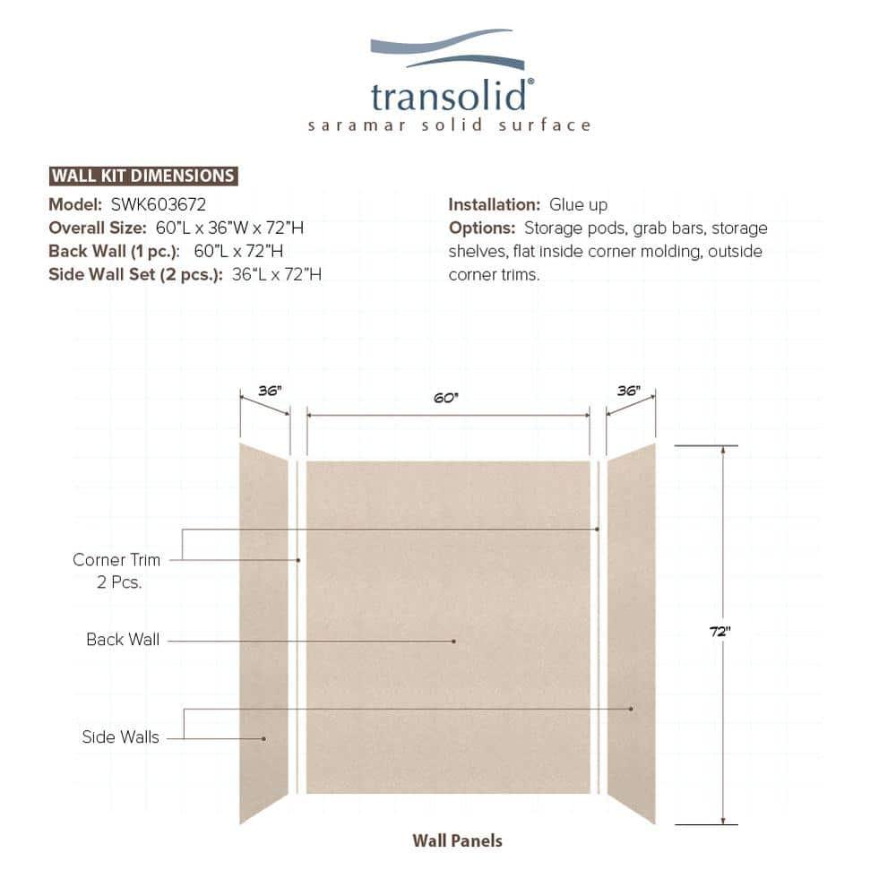 Transolid SaraMar 60'' W 36'' D 72'' H Glue Up Solid Surface Wall