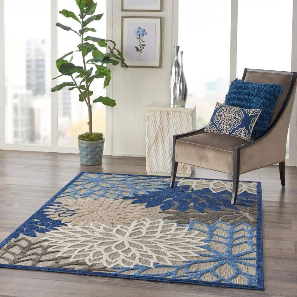 Nourison Aloha Floral Bloom Flatweave High-Low Indoor Outdoor Area Rug Blue/Multicolor 6' x 9'