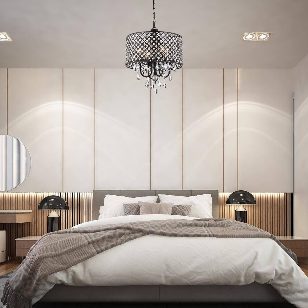 Antique Black Crystal Drum Shade 4-Light Chandelier