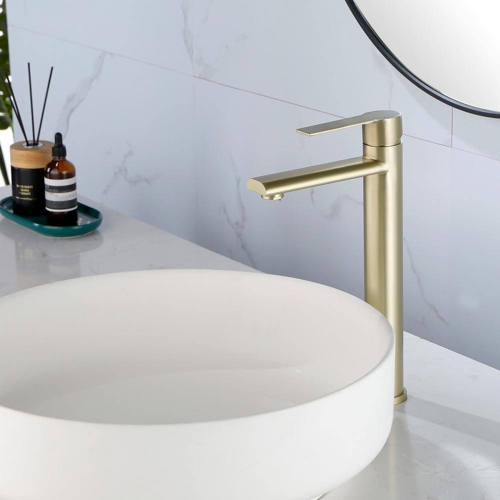 Single Handle Vessel Sink Faucet, Single Hole Tall Bathroom Faucet in Brushed Gold
