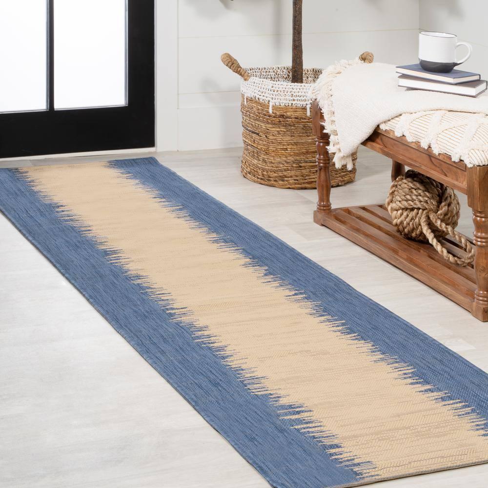 2' x 8' Tavira Modern Strie' Indoor/Outdoor Runner Rug, Blue/Beige - JONATHAN Y