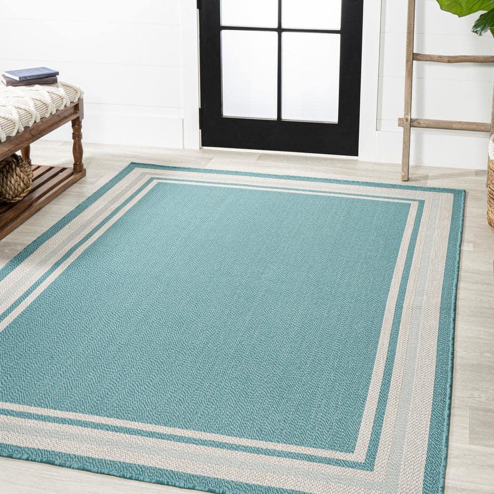 3' x 5' James Modern Border Stripe Indoor/Outdoor Area Rug, Aqua/Beige - JONATHAN Y