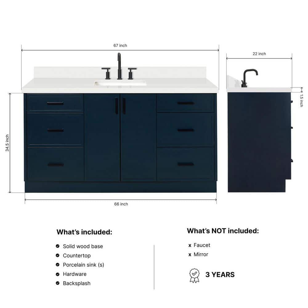 Ariel Kelly 67 Inch Single Rectangular Sink Bathroom Vanity With Pure Quartz Countertop