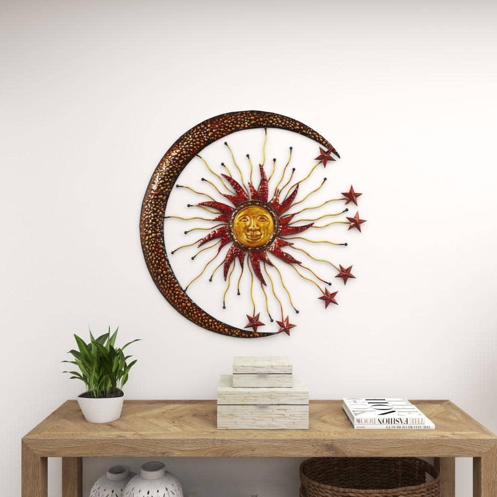 DecMode Copper Metal Indoor Outdoor Sun and Moon Wall Decor with Stars
