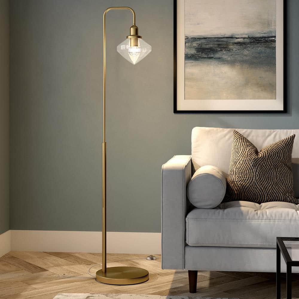 Evelyn&Zoe Zariza Arc Floor Lamp with Glass Shade, Brass/Clear