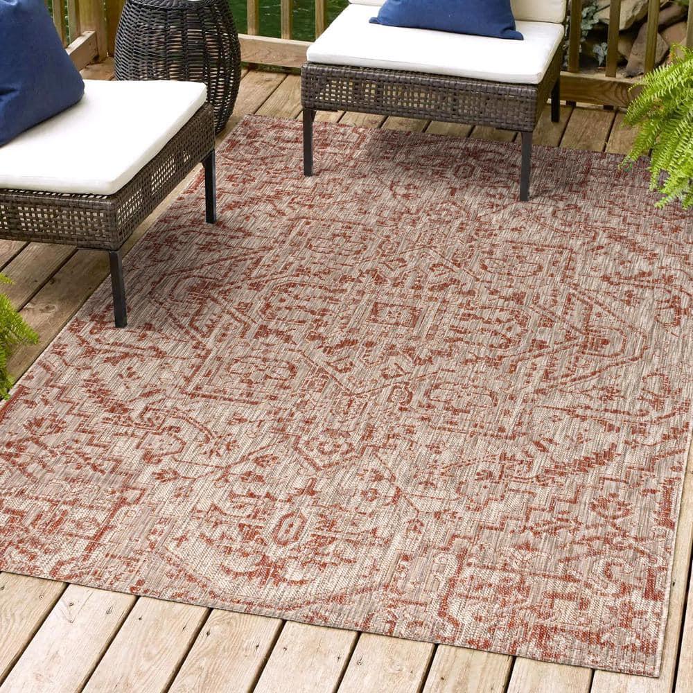 8'x10' Estrella Bohemian Medallion Textured Weave Indoor/Outdoor Area Rug, Red/Taupe - JONATHAN Y