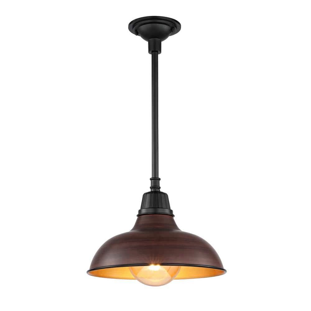 Jasper 12.25" 1-Light Farmhouse Industrial Indoor/Outdoor Iron LED Pendant, Wood Finish/Copper