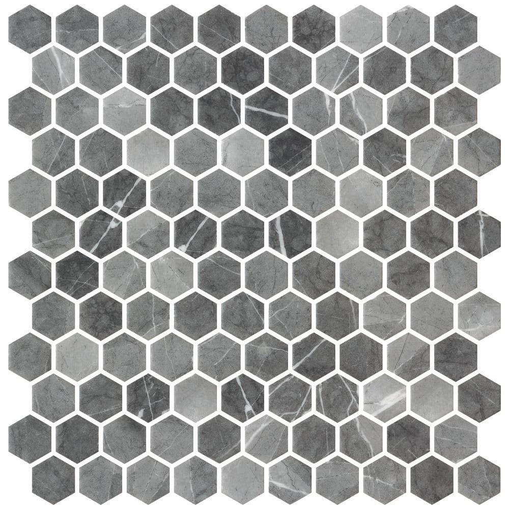 SAMPLE-Trillions Fossil Gray Honeycomb Stone Look Matte Glass Mosaic Wall and Floor Tile