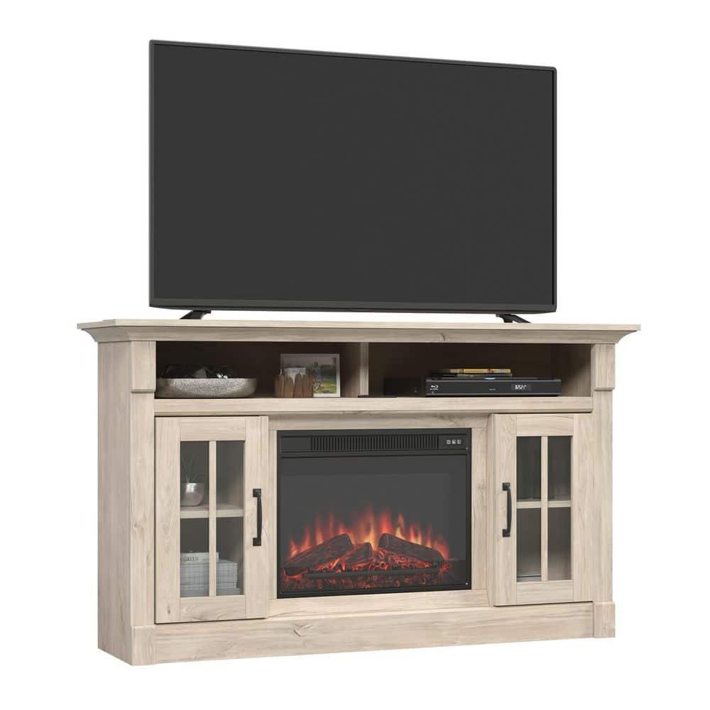 Sauder Media Fireplace Credenza TV Stand for TVs up to 65" Chalk Oak: Coastal Style, Smooth Finish, Adjustable Storage