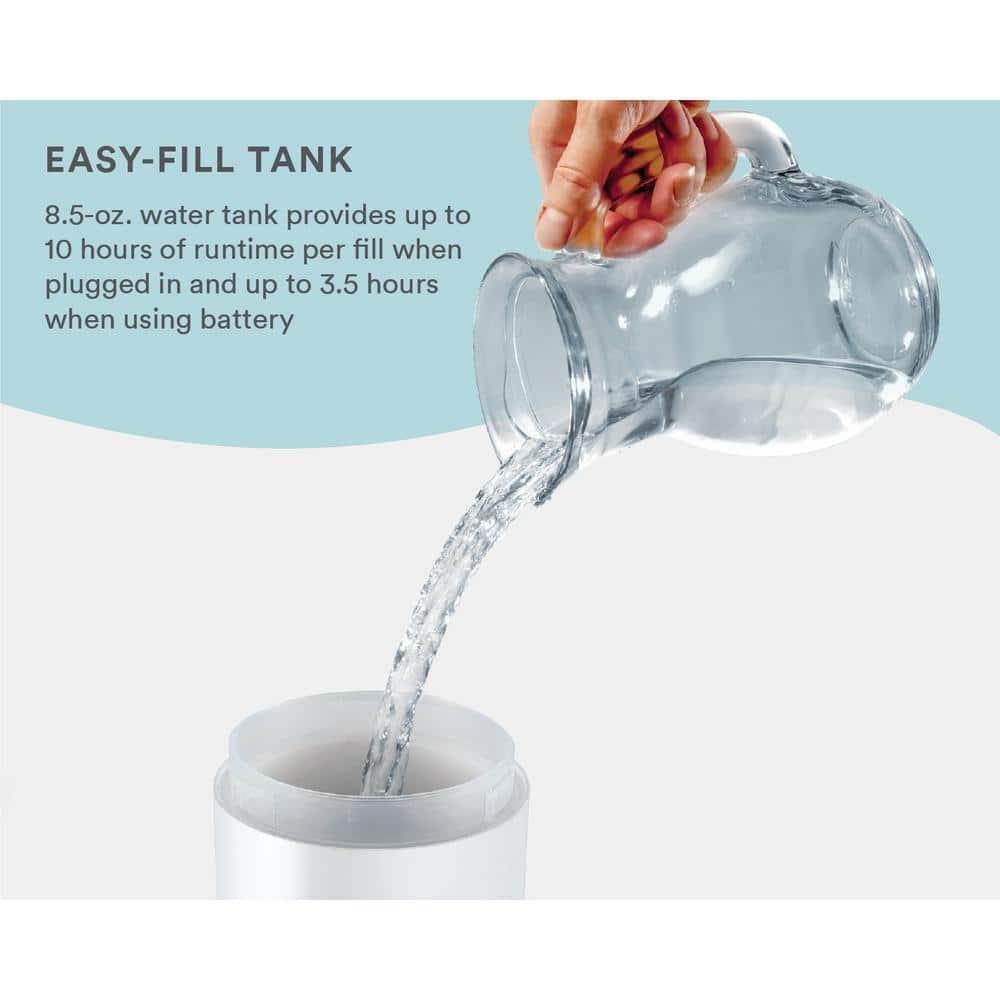 Homedics Portable Ultrasonic Humidifier, Cordless, Desktop, Travel, up to 10-Hour Runtime, Visible Quiet Cool Mist, White