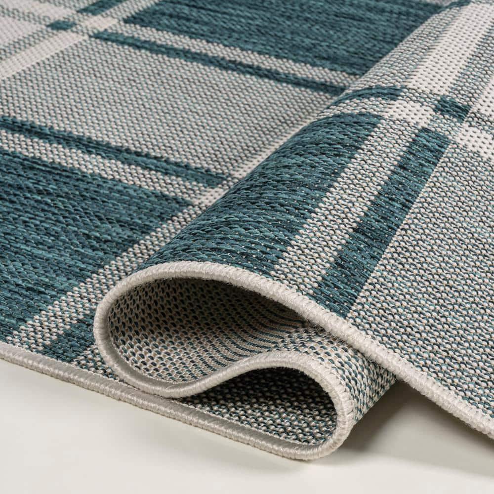 Sabine Traditional Farmhouse Bold Gingham Turquoise/Cream 8 ft. x 10 ft. Indoor/Outdoor Area Rug