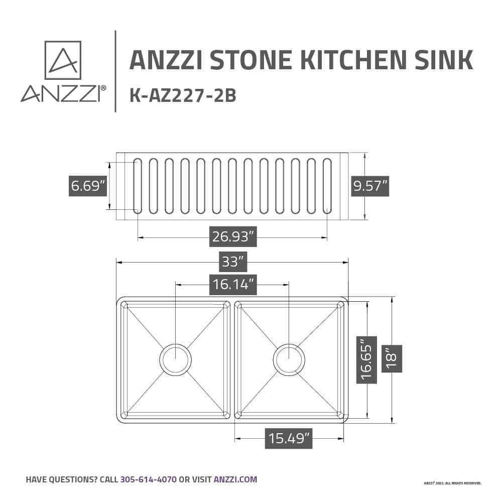 ANZZI K-AZ227-2B Roine 18'' L Farmhouse / Apron Double Bowl Solid Surface Kitchen Sink