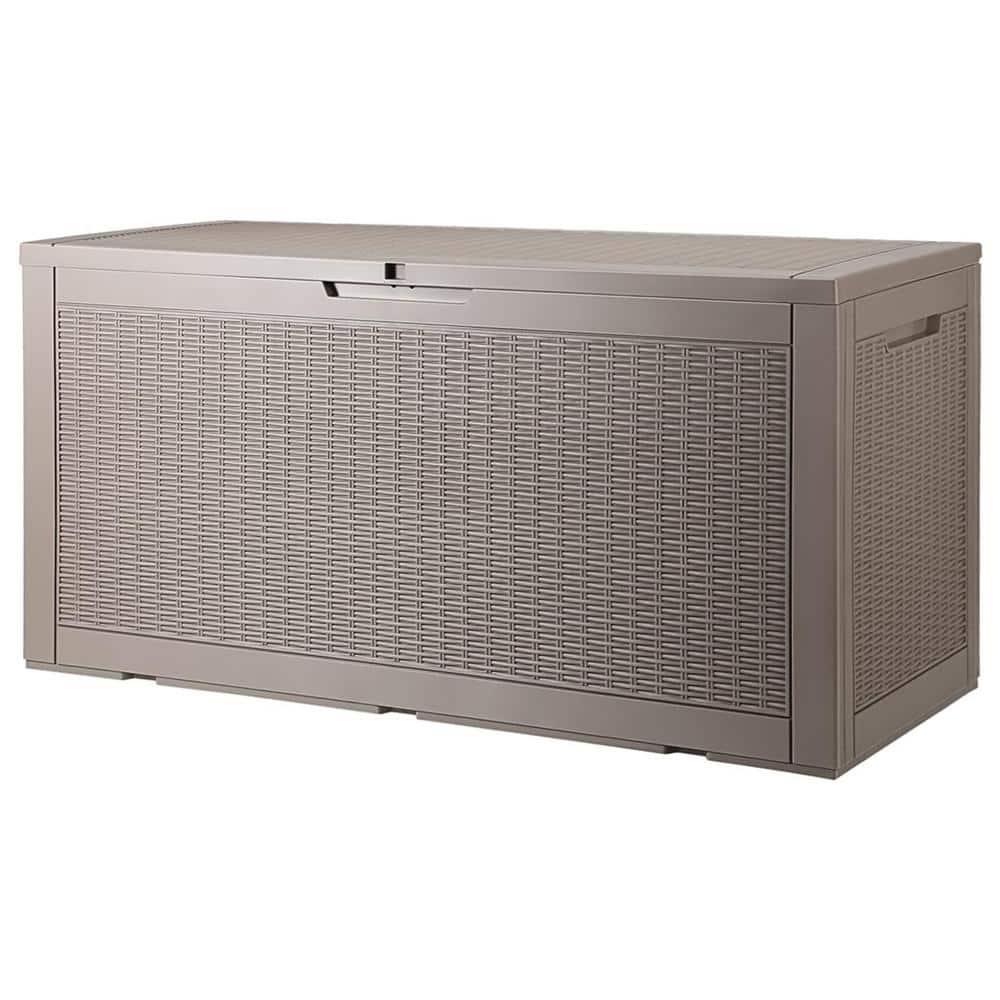 Sunnydaze Outdoor Deck and Patio Storage Box with Rattan Design - 100 Gal. - Driftwood