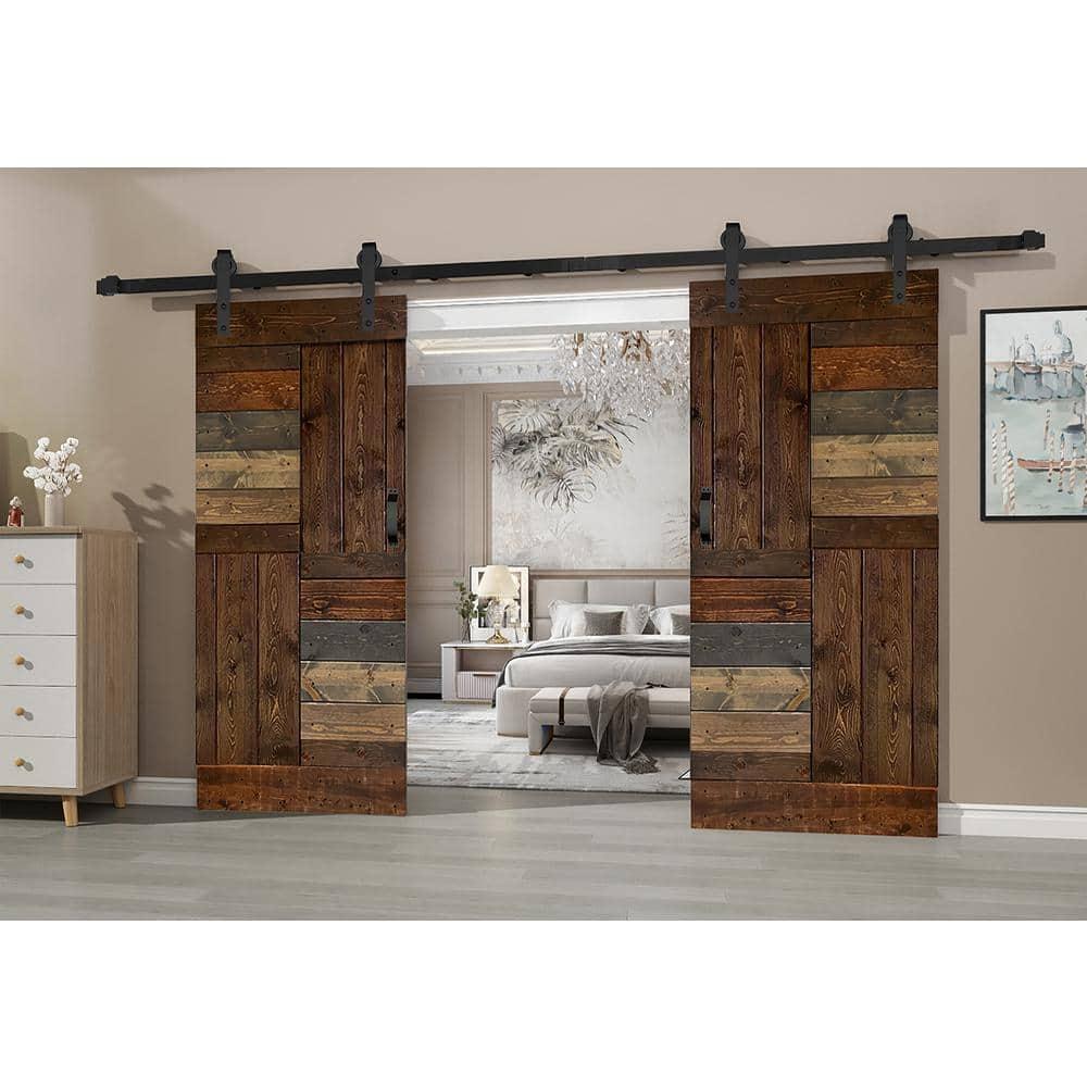 Multicolor Solid Wood Double Sliding Barn Door Kit with Matte Black Hardware