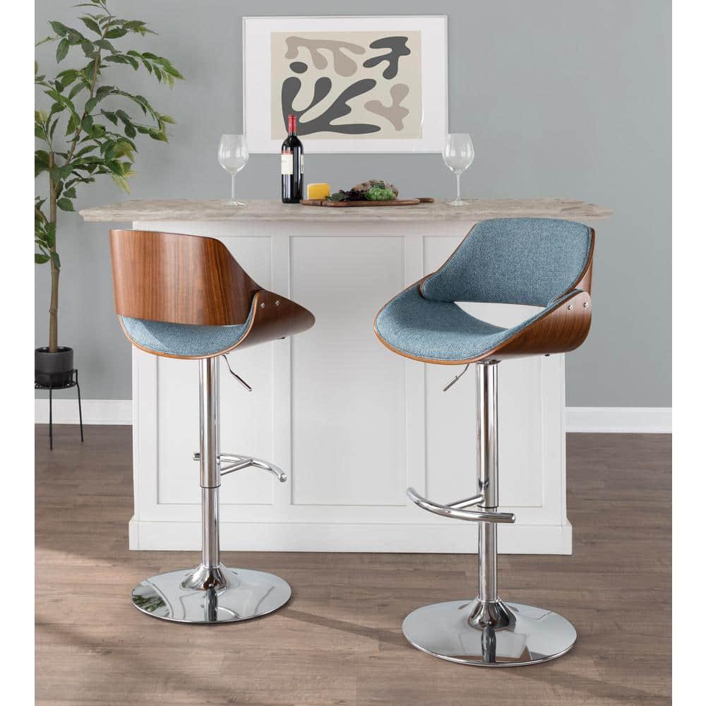 Fabrizzi Mid-Century Modern Adjustable Barstool with Swivel in Walnut and Blue by LumiSource