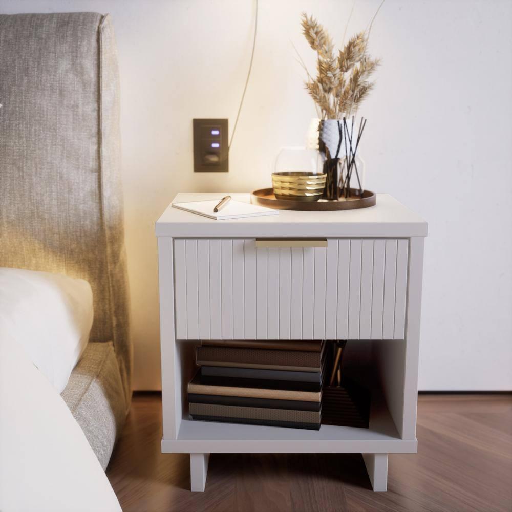 Granville Modern 1 Drawer Nightstand White - Manhattan Comfort: Bedside Table with Shelf, Painted Wood Finish
