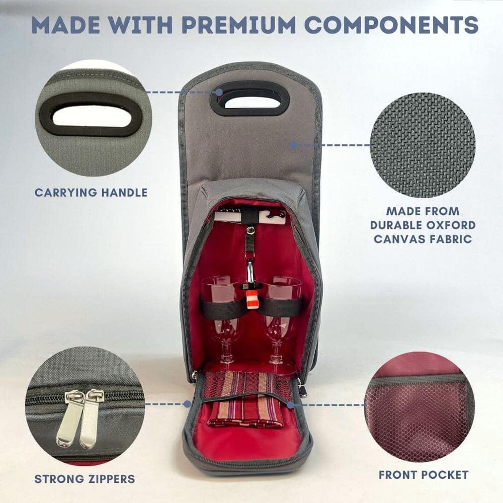 Lexi Home 7-Piece Grey Red Insulated Bottle Carrier Picnic Tote Set
