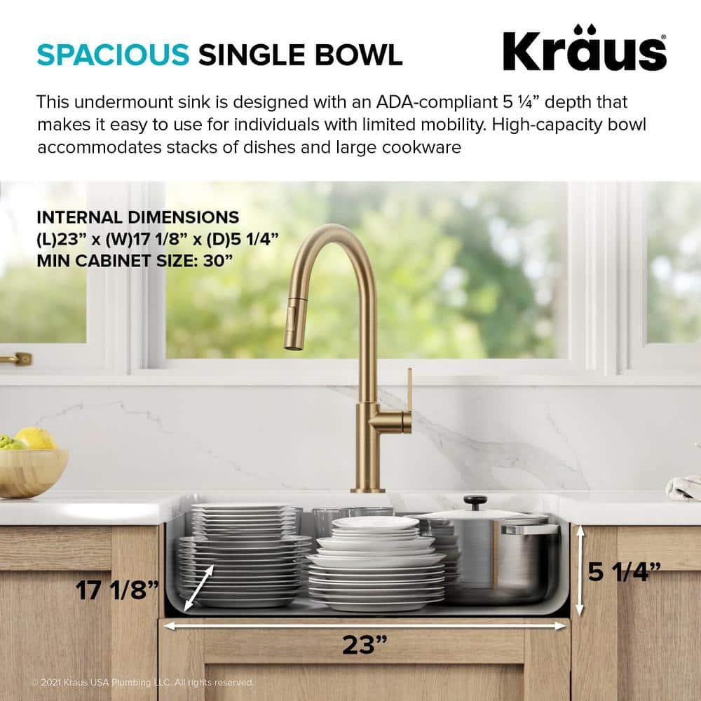 Kraus KA1AS25B Dex™️ Series KRAUS 25" L Undermount 16 Gauge Stainless Steel Single Bowl ADA Kitchen Sink