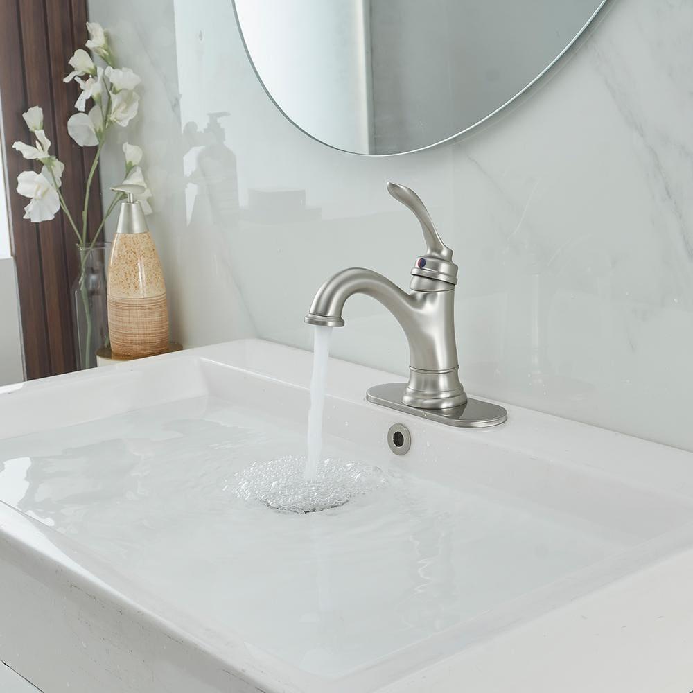 BWE Brushed Nickel Bathroom Faucet 1 Hole Single Handle Bathroom Sink Faucet with Brass Pop Up Drain and Supply Line High Arc Bath Vanity Faucet for Lavatory Mix Tap