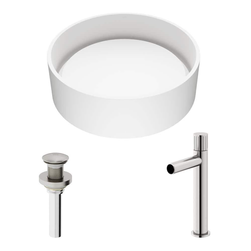 Anvil 16" L x 16" W x 5" H Round White Matte Stone™ Vessel Bathroom Sink with 11" H Faucet