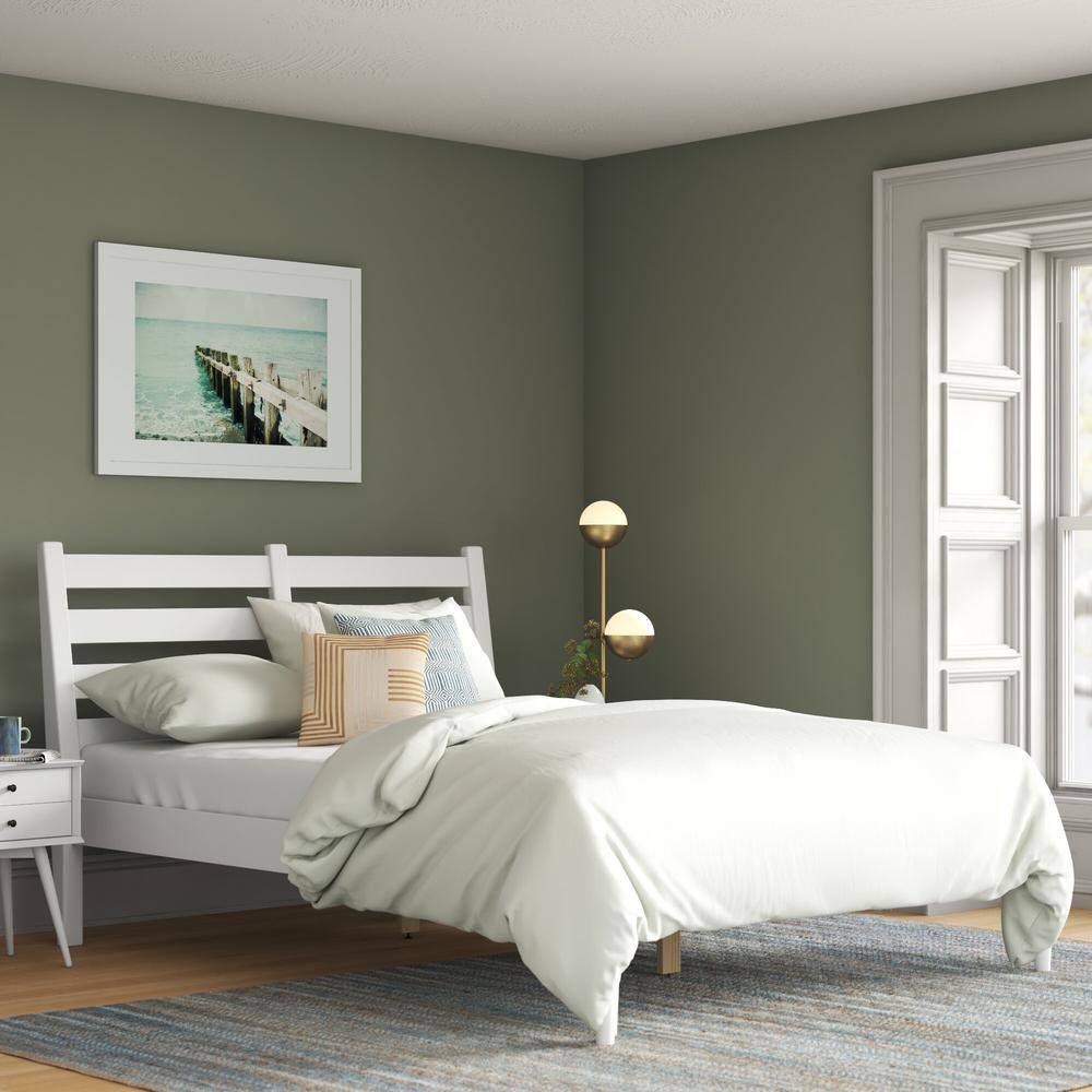 Camaflexi Mid Century Slat Bed Solid Wood Bed Frame with Headboard, King, White