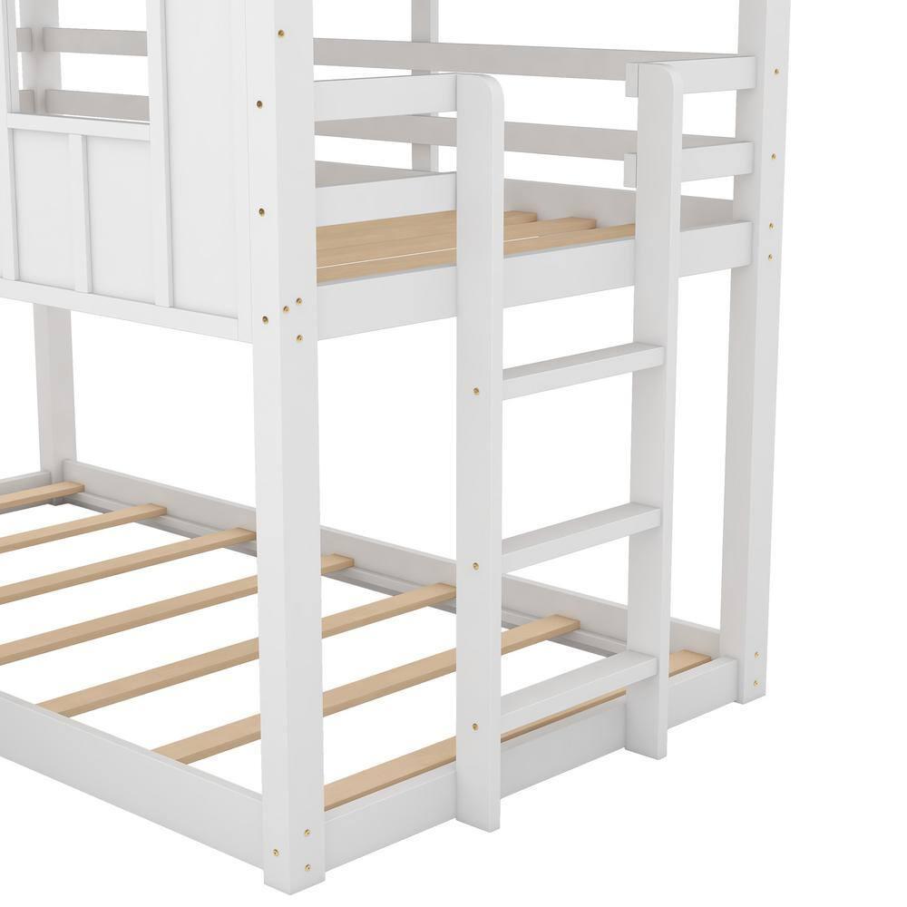 MERITLINE House Bunk Bed with Slide Twin Over Twin, Kids House Bunk Beds with Roof and Windows, Playhouse Bed for Kids, Girls, Boys, No Spring Box Needed, White