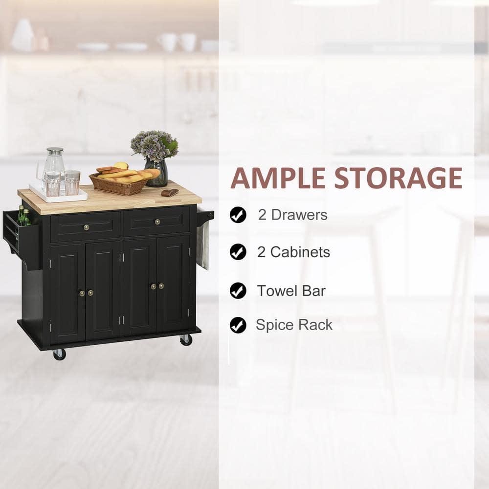 HOMCOM Kitchen Island on Wheels, Rolling Cart with Rubber Wood Top, Spice Rack, Towel Rack & Drawers for Dining Room, Black