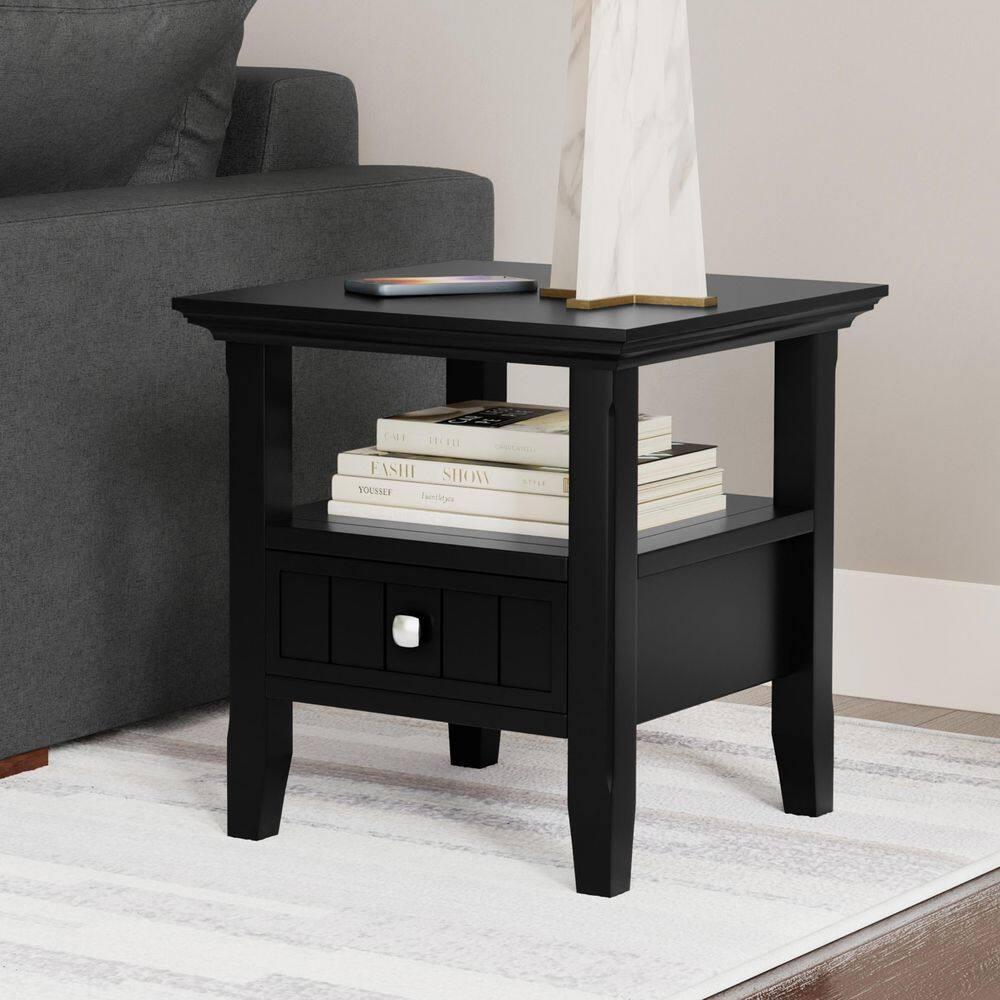 Simpli Home Acadian Solid Wood Transitional End Table with Drawer and Open Shelf
