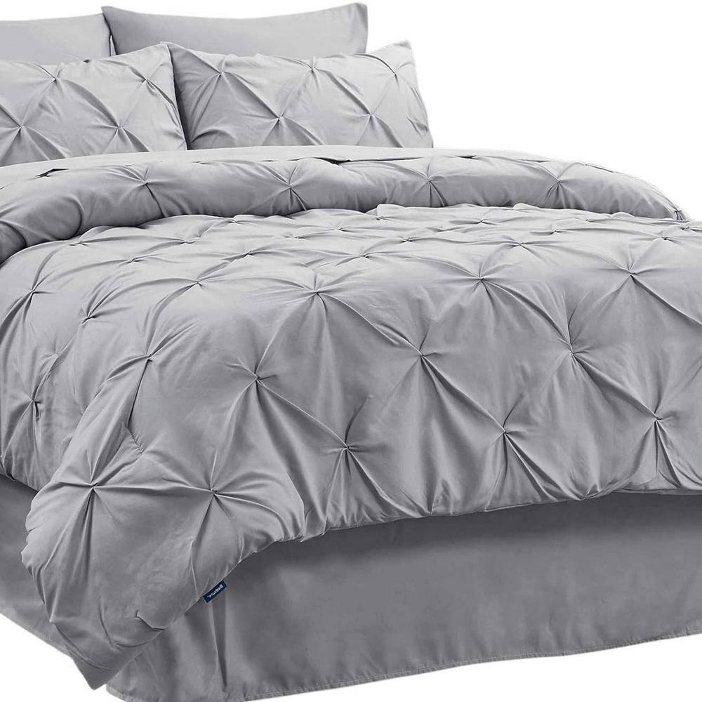 King Size Comforter Set - Bedding Set King 7 Pieces, Pintuck Bed in a Bag Grey Bed Set with Comforter, Sheets, Pillowcases & Shams