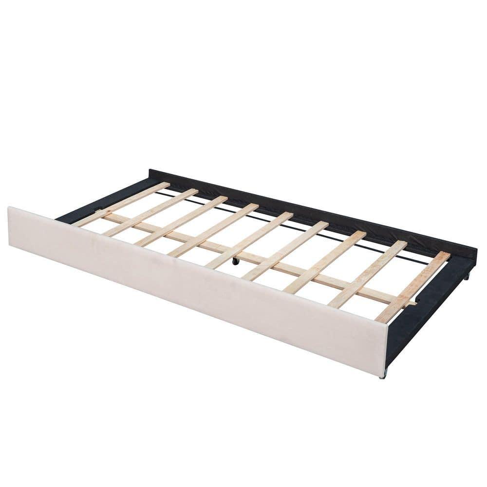 Upholstered Daybed with Trundle, Modern Twin Size Tufted Velvet Upholstered Daybed Frame with Wood Slat Support, Dual-use Platform Bed Sofa Bed with Wingback and Armrests for Living Room Bedroom Beige
