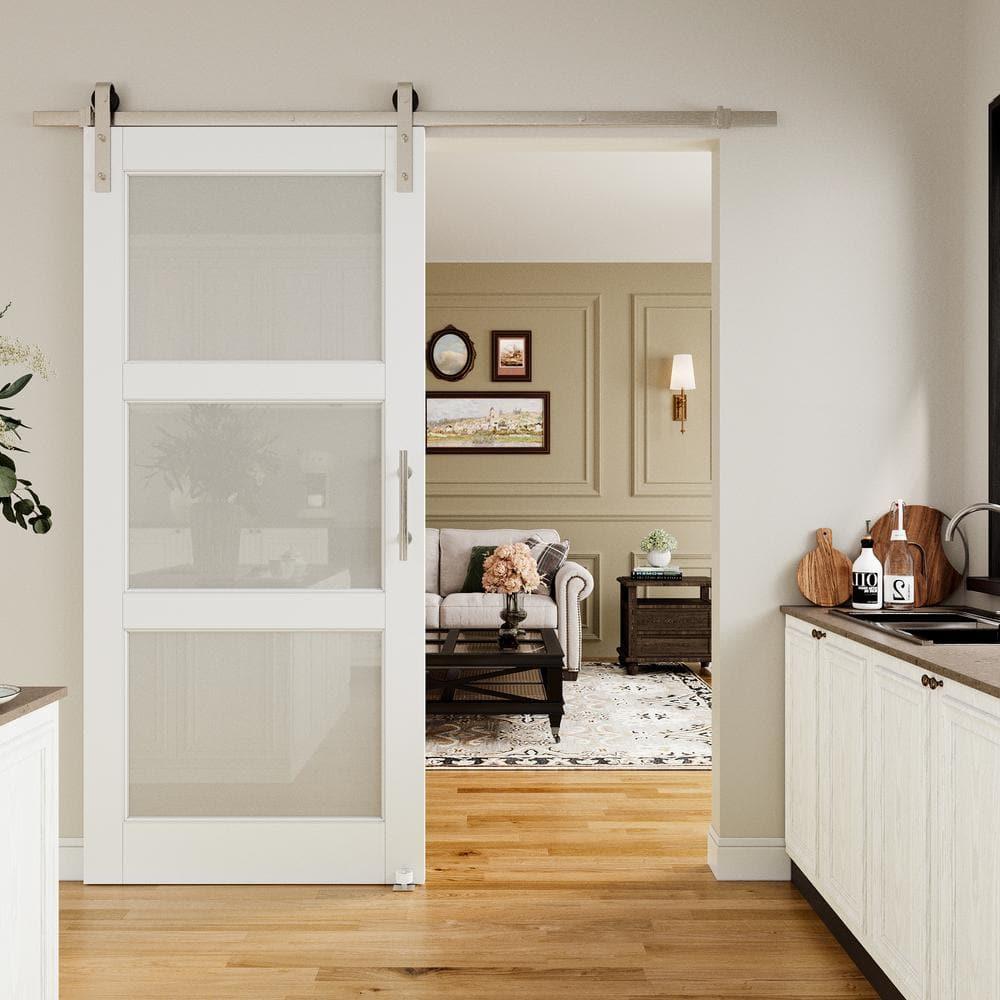 Home Worthy Frosted Glass Solid Manufactured Wood Painted Sliding Barn Door with Nickel-Hardware Kit(No Assembly Required)