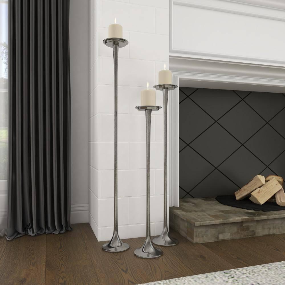 Set of 3 Metallic Aluminum Candle Holders Silver - Olivia & May: Oversized Pillar, Modern Style, Indoor Use