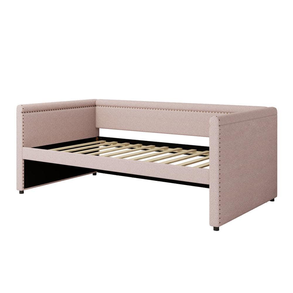 Pink Modern Style Twin Size Linen Upholstered Daybed with Trundle, Curved Arms, Nailhead Trims