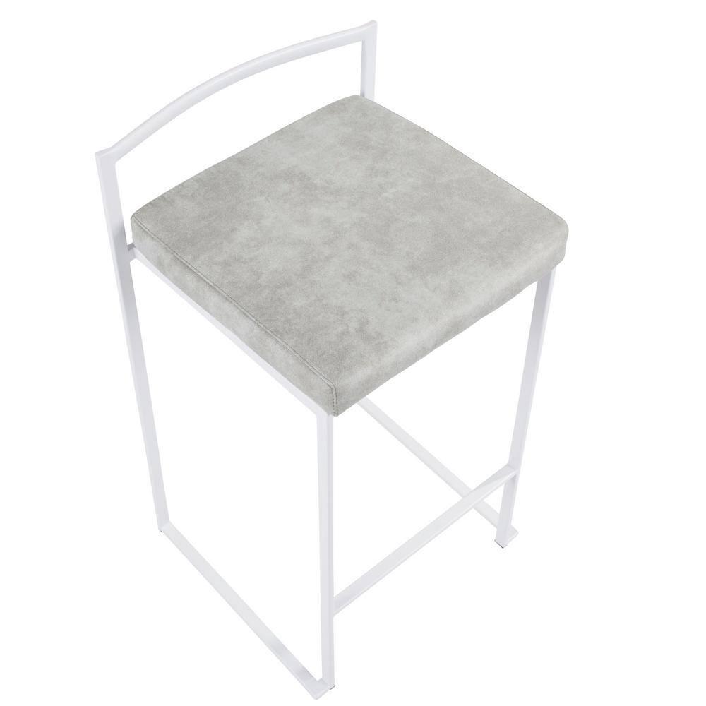 Contemporary Stackable Counter Stool In White With Light Grey Cowboy Fabric Cushion - Set Of 2