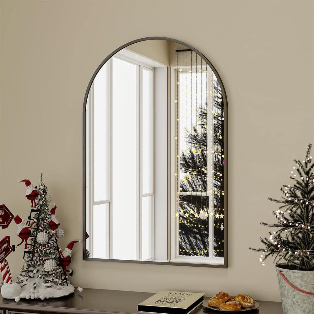 24 in. W x 36 in. H Arched Black Aluminum Alloy Framed Wall Mirror