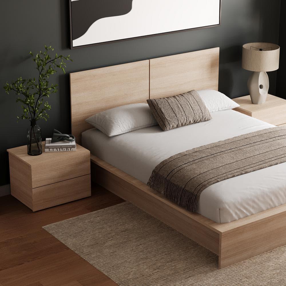 Nexera Queen 4pc James Bedroom Set Natural Blonde: Modern Minimalist Design with Platform Bed & Nightstands
