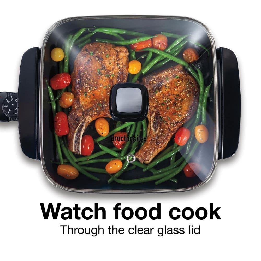 Electric Skillet with Lid, 116 sq. in. Nonstick Cooking Surface for Frying, Sauteing, Simmering and Braising, Adjustable Temp 200° to 400° F, Black (38526PS)