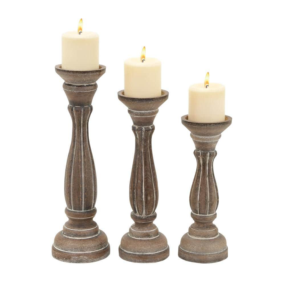 DecMode 3 Candle Brown Wood Candle Holder, Set of 3