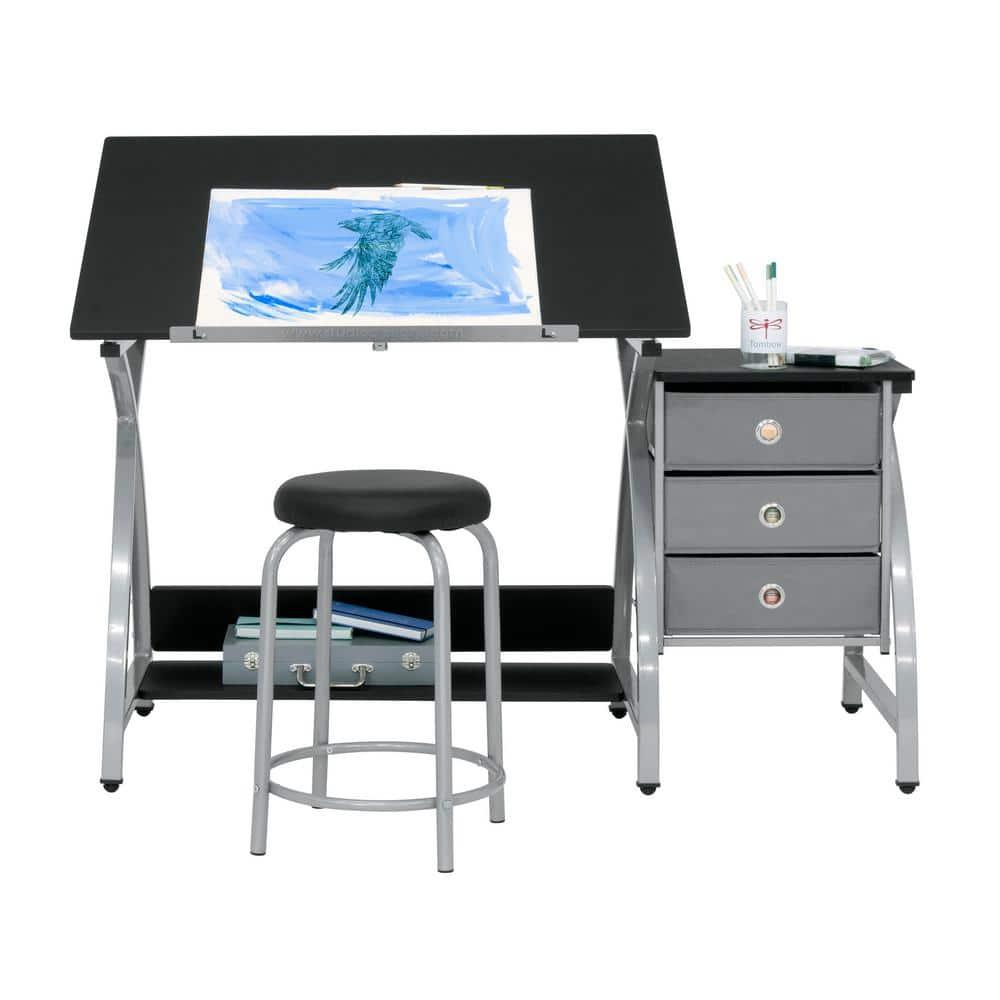 Comet Plus Drawing Table and Stool Set Silver/Gray - studio designs: Adjustable Top, Storage Drawers, Padded Seat