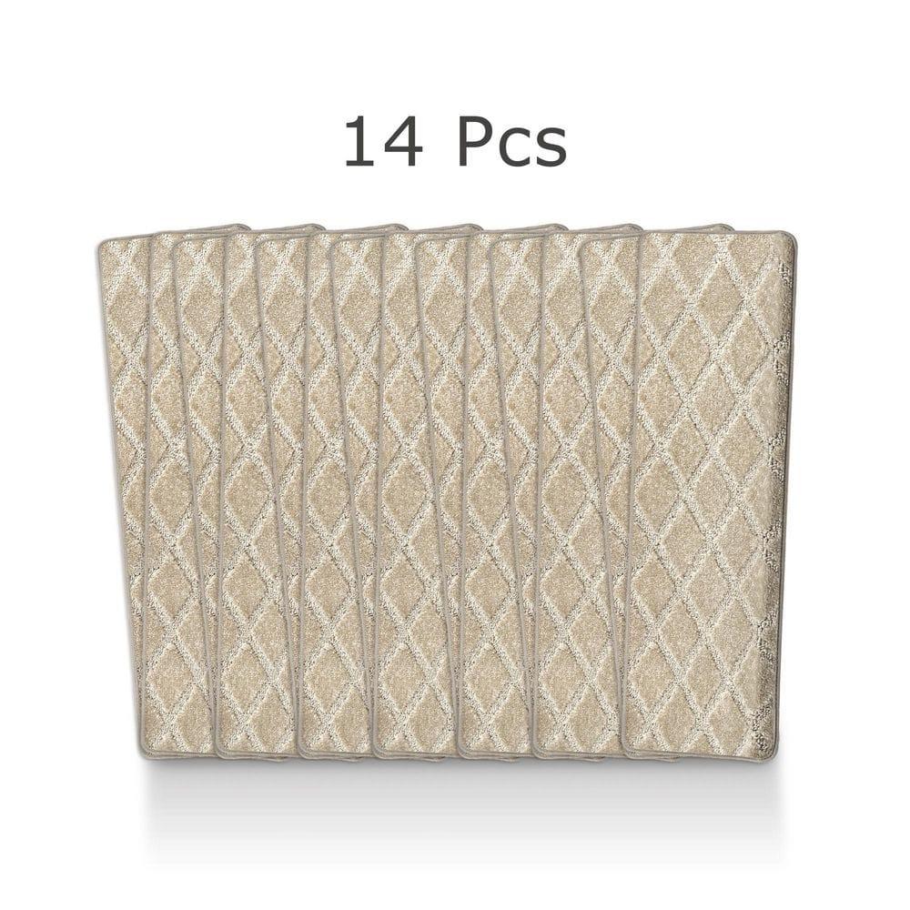 PURE ERA Bullnose Carpet Stair Treads Protectors for Wooden Steps 9.5" x 30"x1.2" Pet Friendly Tape Free Non-Slip (Set of 14 Pieces,Cream Gray Diamond Trellis)
