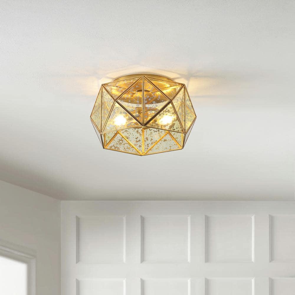 JONATHAN Y JYL9927A Violet 12.5" 2-Light Industrial Vintage Iron/Glass LED Flush Mount Farmhouse Modern 2700K Cozy Warm Light Kitchen Hallway Bathroom Stairwell Entryway Foyer, Brass Gold