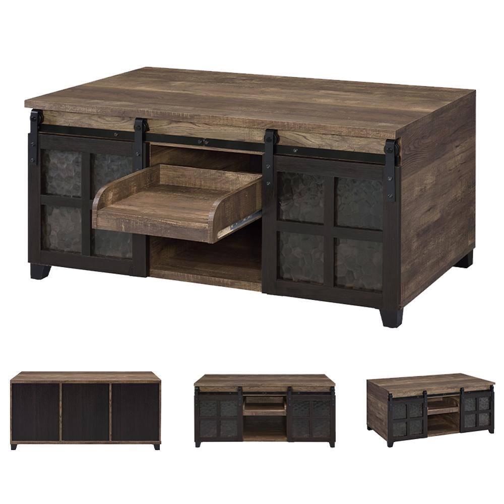 DremFaryoyo Nineel Coffee Table  Obscure Glass  Rustic Oak & Black Finish 87955
