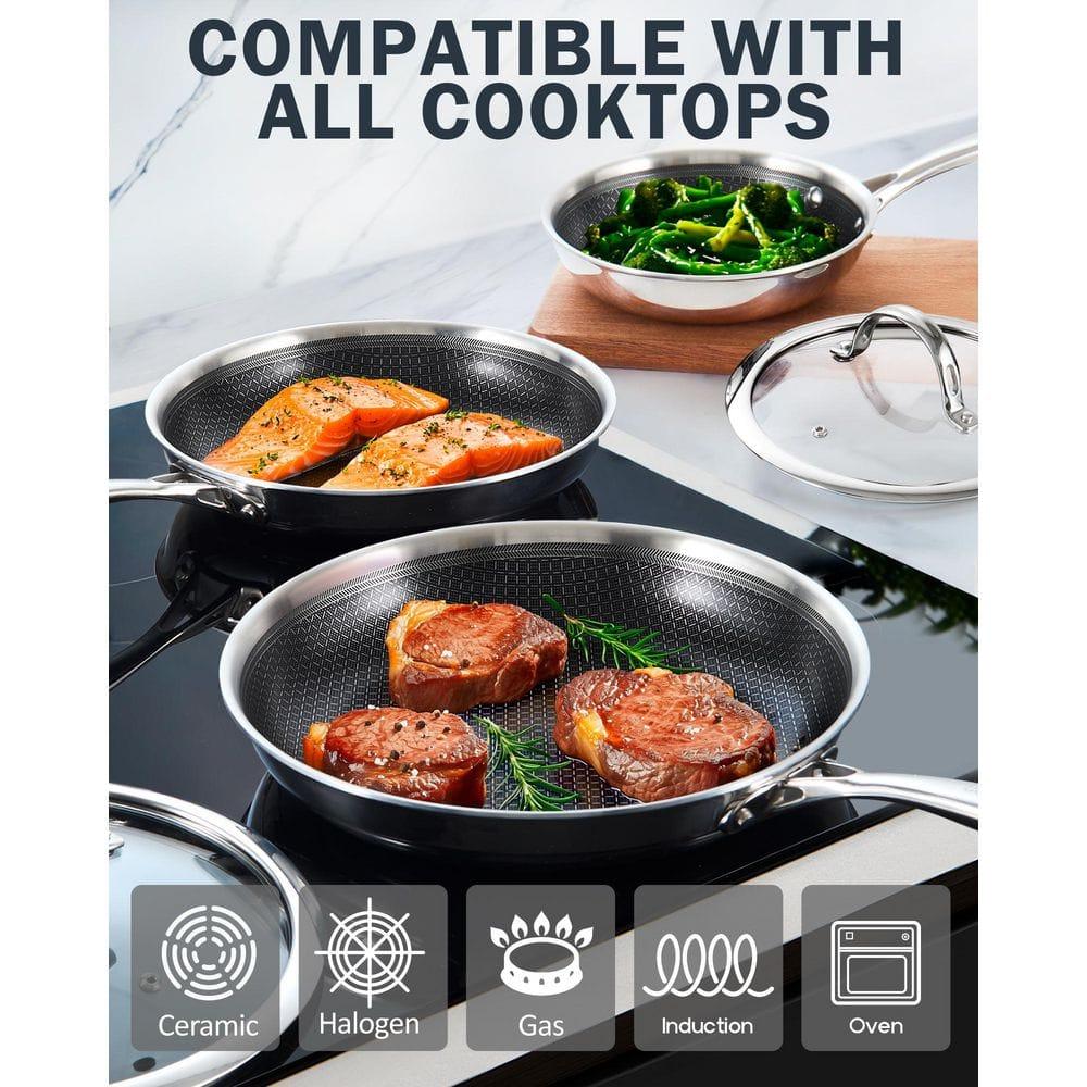 Cooks Standard Hybrid Nonstick Frying Pan, 12-Inch Skillet, Multi-Ply Clad Stainless Steel Fry Pan with Tempered Glass Lids, Oven Safe, Compatible with All Stovetops
