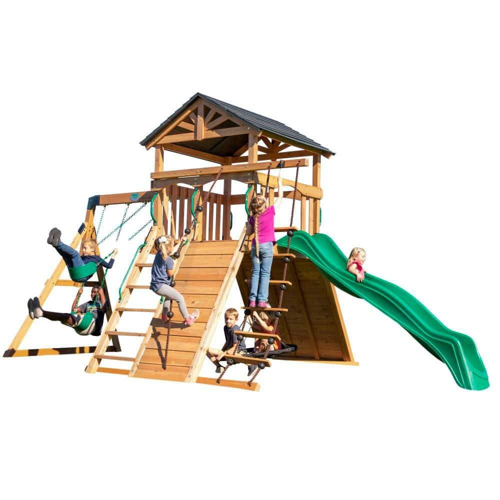 Backyard Discovery Endeavor Cedar Wood Swing Set, Slide, Play Deck, Rock Wall, Rope Ladder