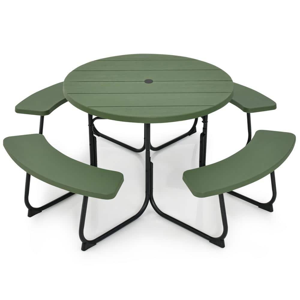 Costway Outdoor 8-person Round Picnic Table Bench Set with 4 Benches & Umbrella Hole Green