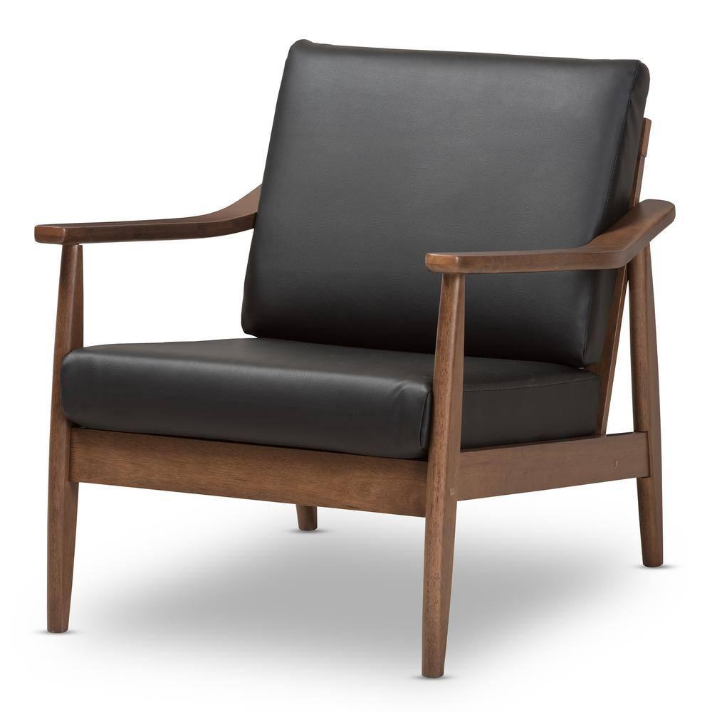 Venza Mid Century Modern Walnut Wood Faux Leather Lounge Chair Black - Baxton Studio: Indoor Armchair, Rubberwood Frame
