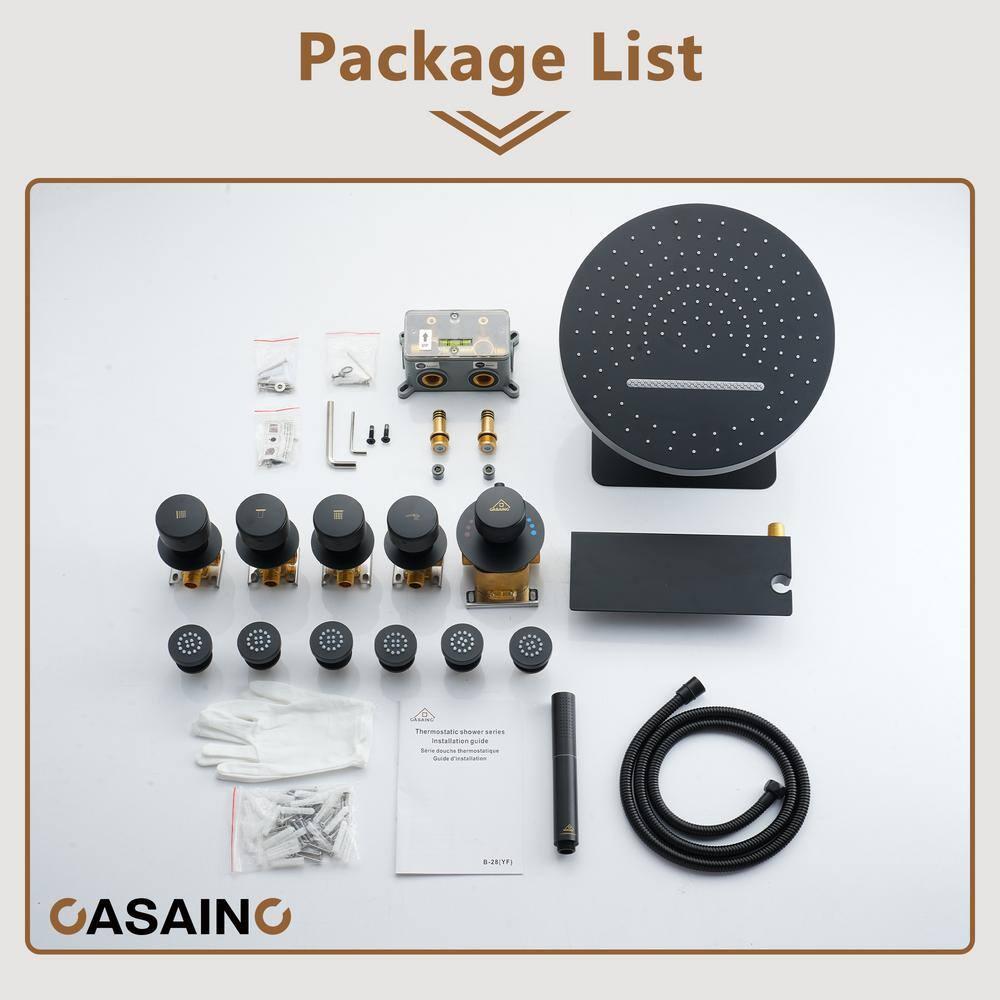 CASAINC KCHS0005-12MB Rainfall Thermostatic Shower System with Body Jets, 2-Sprays Shower Head and a Shelf