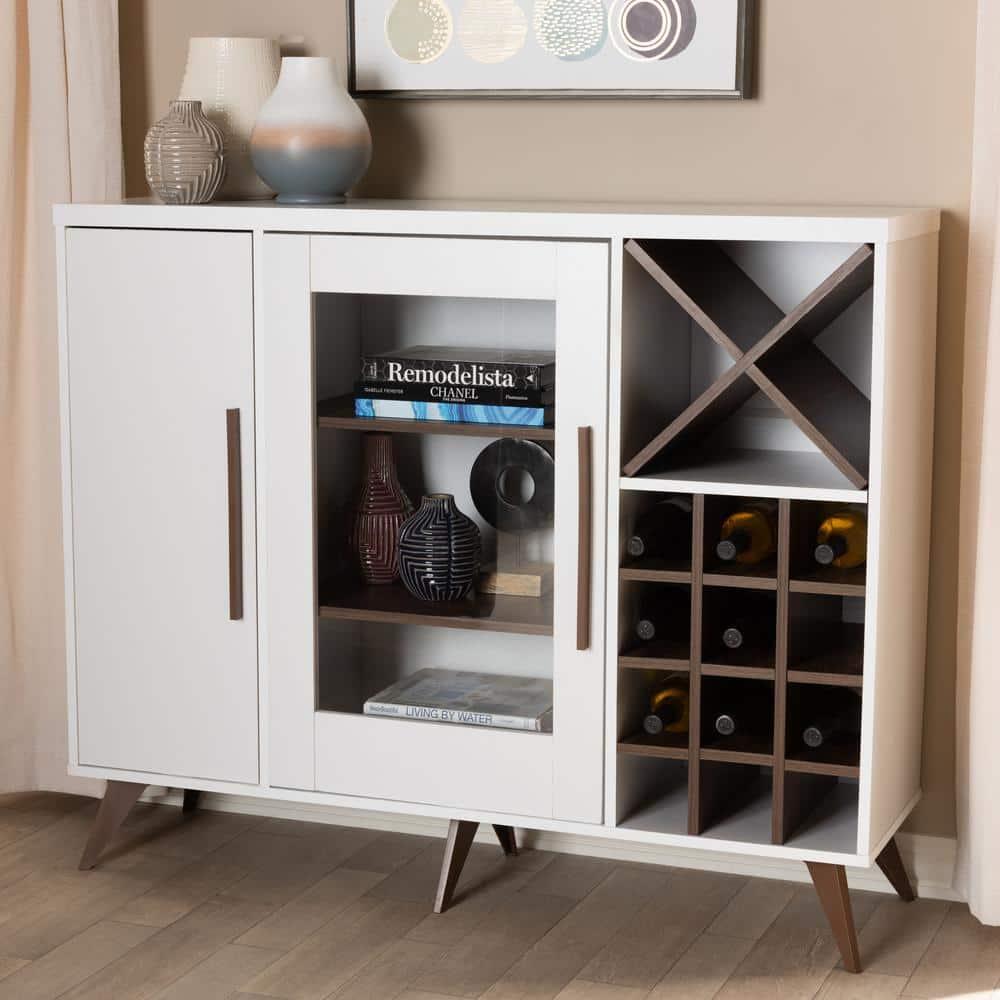 Baxton Studio Pietro Mid-Century Modern White and Brown Finished Wine Cabinet