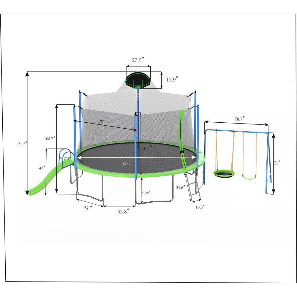 12FT Trampoline with Slide and Swings,Kids Outdoor Trampoline with Safety Enclosure Net and Basketball Hoop, Sports Fitness Recreational Trampolines with Ladder for Kids,Adults